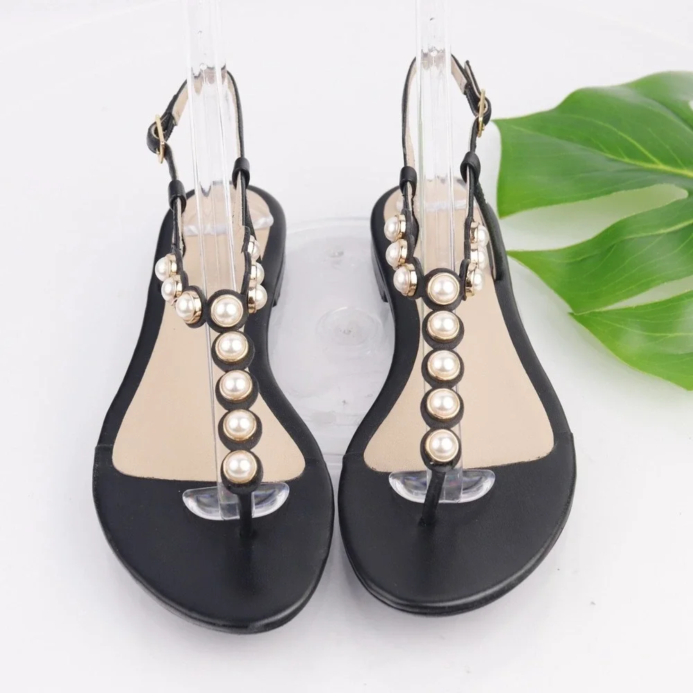 Barneys New York Women Sandal Size 37 6 Black Leather Pearl Thong Slingback Flat